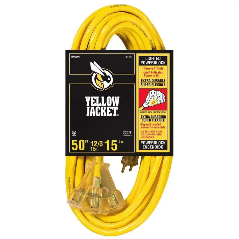 50-Foot 12/3 SJTW Heavy-Duty Outdoor Extension Cord – Triple Outlet, 15-Amp Contractor Grade with Power Indicator