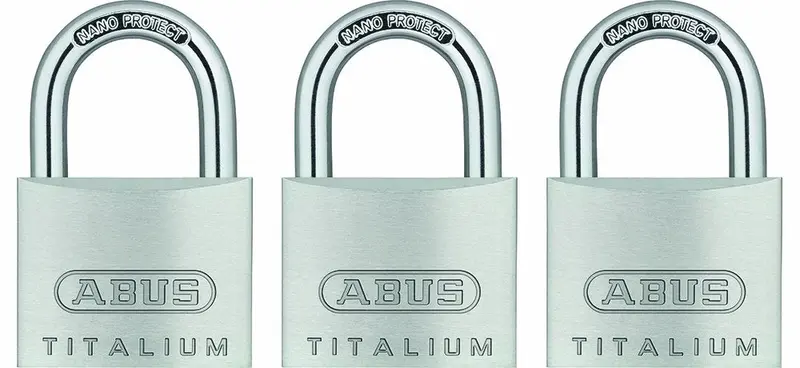 ABUS 64TI/40 Titalium Aluminum Padlocks – Keyed-Alike, Nano Protect Shackle, 3-Pack
