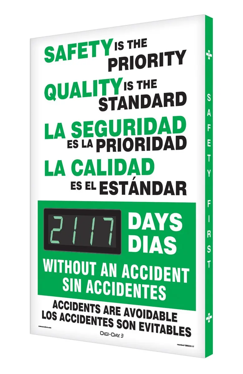 Accuform SBSCK117 Bilingual Spanish-English Digital Safety Scoreboard – LED Accident-Free Days Tracker, Aluminum Frame, 28″ x 20″