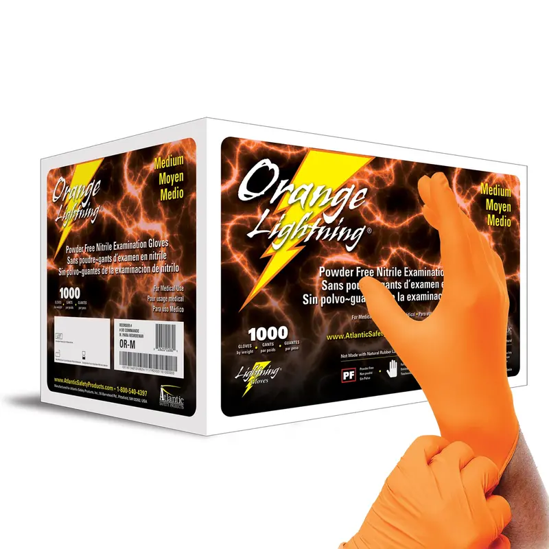 Atlantic Safety Orange Lightning Nitrile Exam Gloves – Powder-Free, Medium, 1000-Count Box