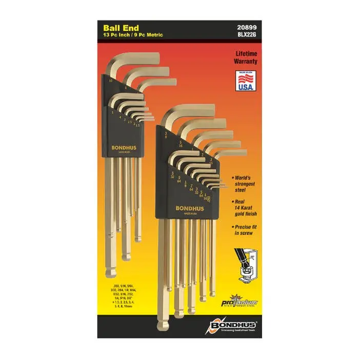Bondhus 20899 Assorted Long-Arm Ball-End Hex Keys — GoldGuard Finish, 0.050″ to 3/8″ (1.5–10mm)