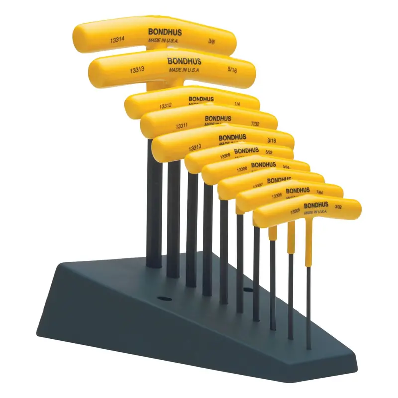 Bondhus Graduated Hex T-Handle Set – 10-Piece, 3/32″ to 3/8″, Includes Stand (Model 13390)