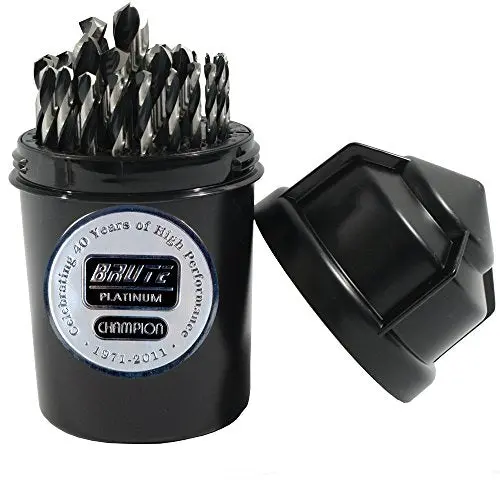 Champion Brute Platinum Twister-XL5 29-Piece HSS Jobber Drill Bit Set – 1/16″–1/2″, 135° Split Point, Water-Resistant Index, Made in USA