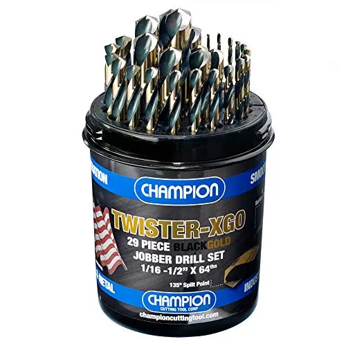 Champion TWISTER-XGO 29-Piece Jobber Drill Bit Set – 1/16″ to 1/2″, 135° Split Point, Made in USA