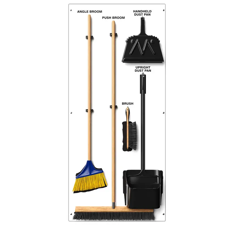 Clean & Sweep PSB616WTBK 5S Wall-Mount Shadow Board – 68″ x 30″, White/Black Cleaning Station with Broom & Dustpan Set