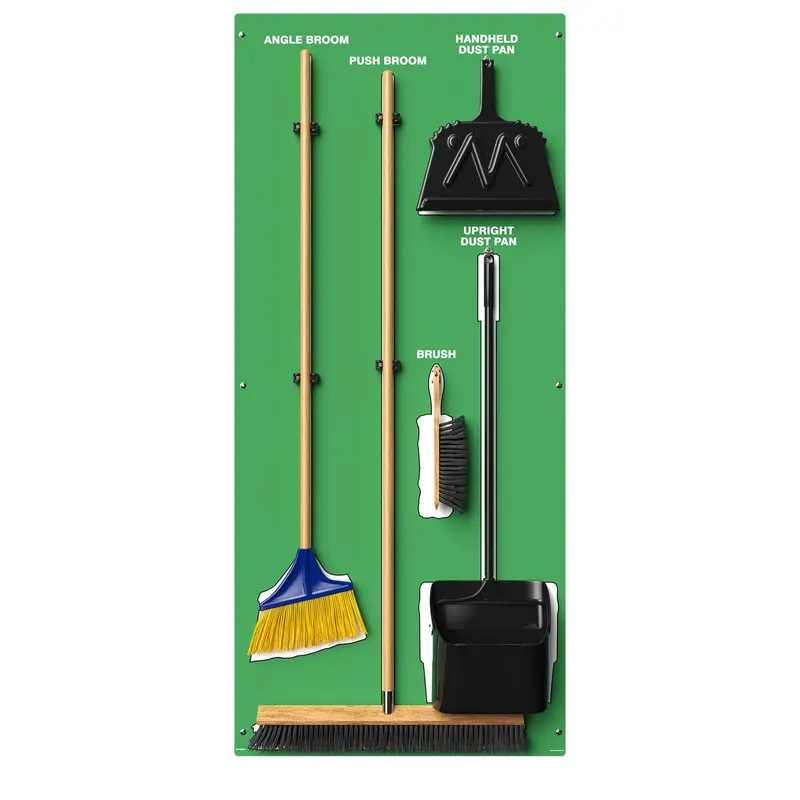 Clean & Sweep PSB716GNWT 5S Wall-Mount Shadow Board – 68″ x 30″, Green/White Cleaning Station with Broom & Dustpan Set