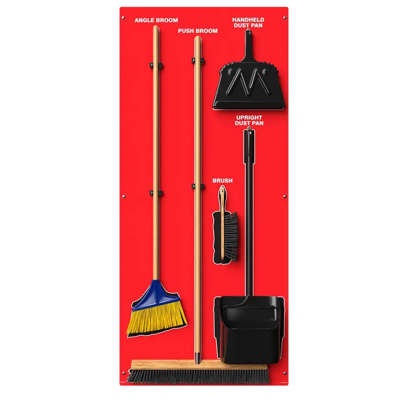 Clean & Sweep PSB716RDBK 5S Shadow Board System – 68 x 30 Inch Wall Mount, Red/Black, Includes Broom & Dustpan (Made in USA)
