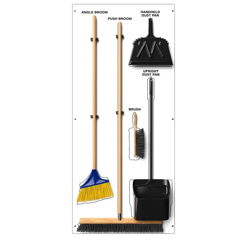 Clean & Sweep PSB716WTWT 5S Wall-Mount Shadow Board – 68″ x 30″, White/White Cleaning Station with Broom & Dustpan Set