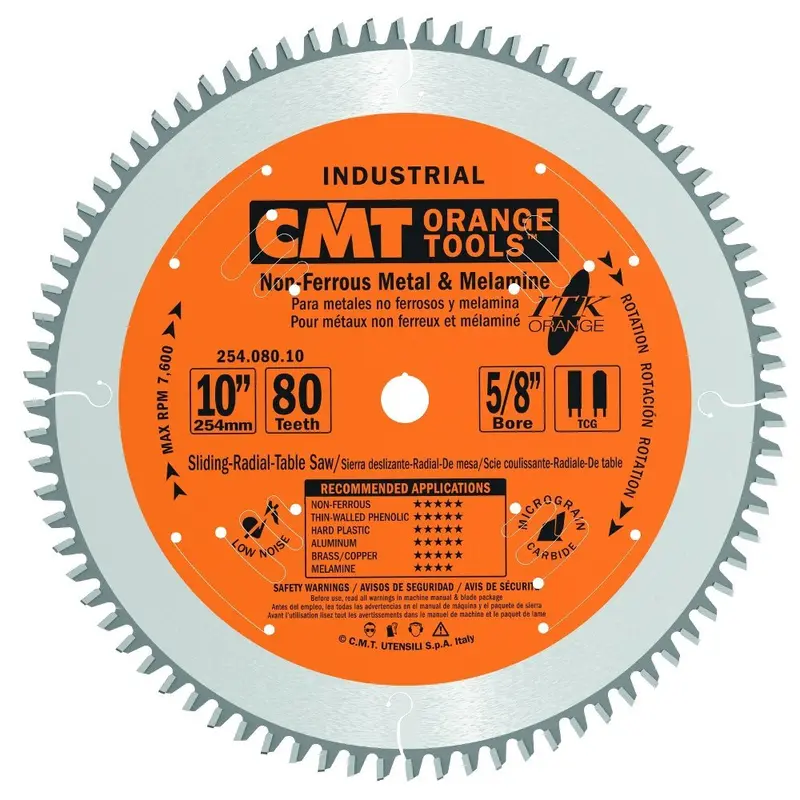 CMT 254.080.10 ITK 10″ Non-Ferrous Saw Blade — 80-Tooth TCG Grind, 5/8″ Bore for PVC & Melamine