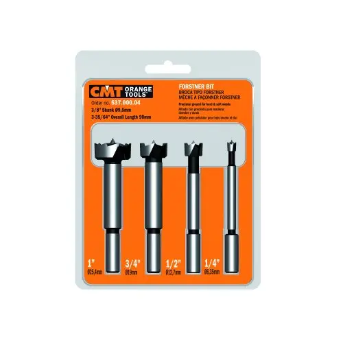 CMT 4-Piece Forstner Bit Collection – 1/4, 1/2, 3/4, and 1-Inch Sizes, 3/8-Inch Shank