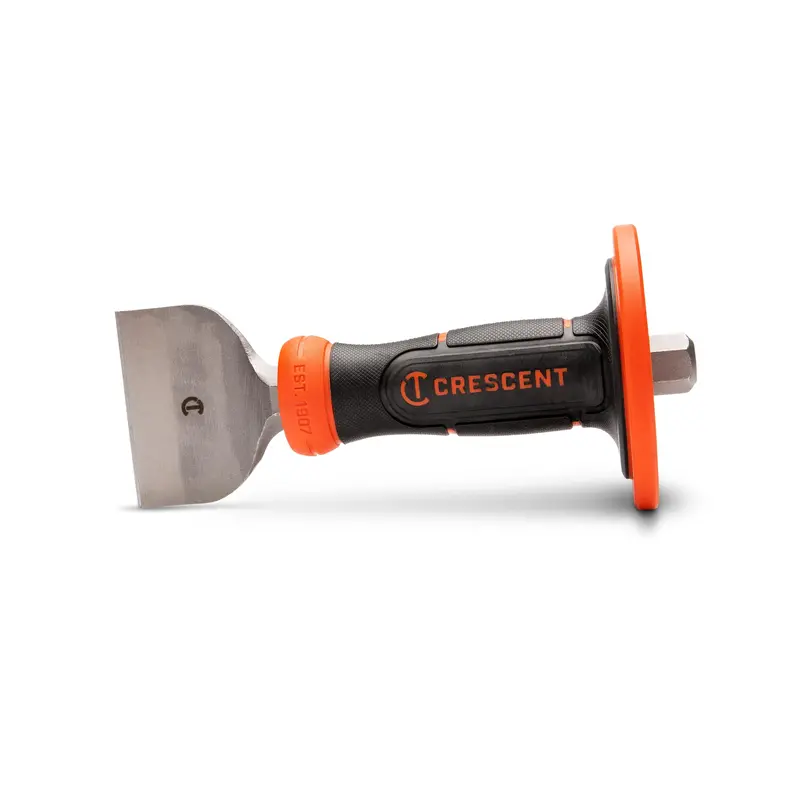 Crescent Brick Chisel with Handguard – 3″ x 8-1/2″, Forged Steel Blade, Safety-Guarded (Model CBCH30H)