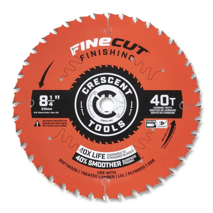 Crescent CSBFN-840 Finishing Circular Saw Blade – 8-1/4″, 40-Tooth FineCut for Smooth Crosscuts