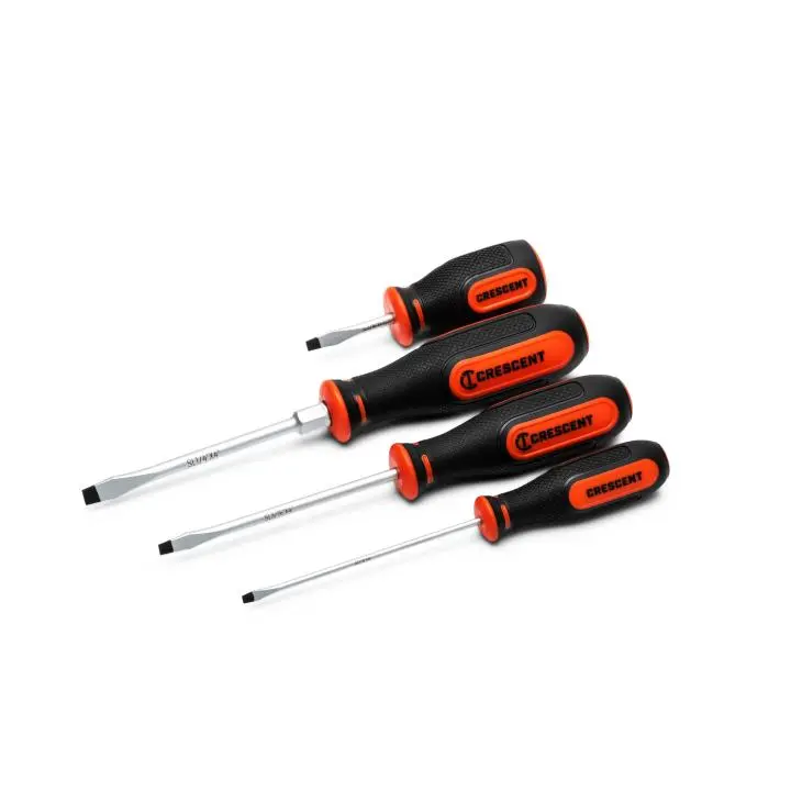 Crescent CSSET4PC 4-Piece Slotted Screwdriver Kit – Dual-Material Comfort Grips, Precision-Forged Shafts