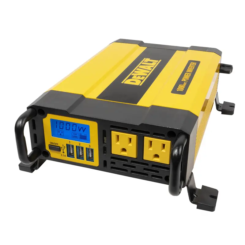 DEWALT 1000W Power Inverter – Dual AC Outlets, USB Charging, LCD Display, and Battery Clamps