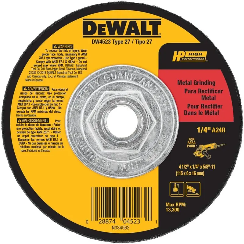 DEWALT DW4523 4.5″ Metal Grinding Wheel – 1/4″ Thickness, 5/8″-11 Arbor