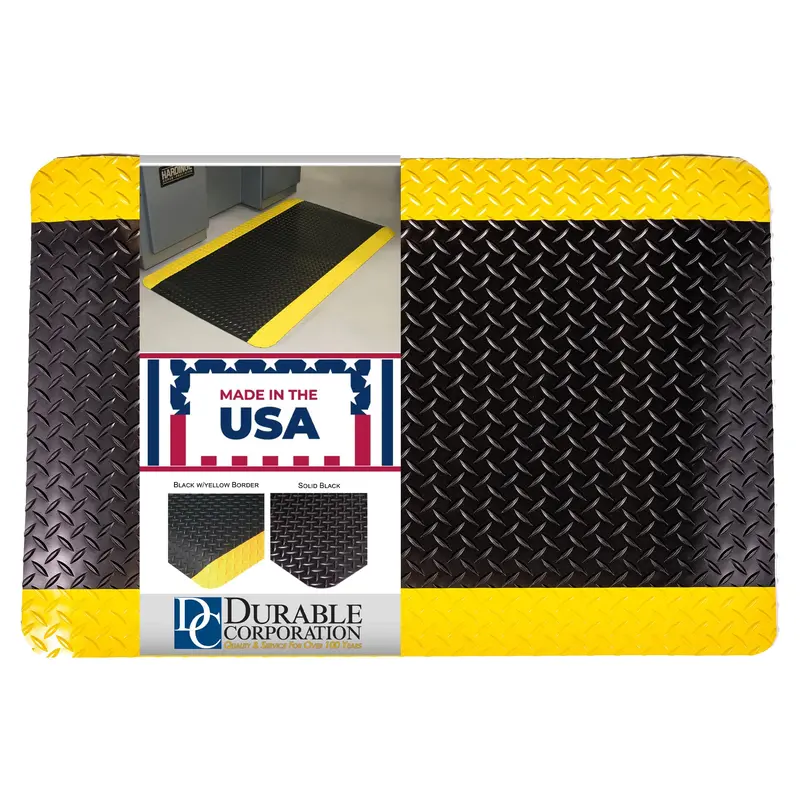 Durable Diamond-Dek Anti-Fatigue Floor Mat – 3′ x 5′ Industrial Sponge Mat with Yellow Border (442S35BKY)