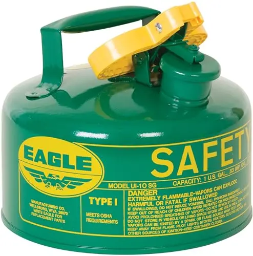 Eagle 1-Gallon Green Type I Safety Gas Can for Oil & Combustibles – Flame Arrester, Self-Closing Lid, Galvanized Steel, Made in USA