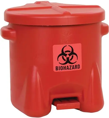 Eagle 10-Gallon Biohazard Waste Container – Foot-Activated Self-Closing Lid, HDPE Construction, Red, Made in USA (945BIO)