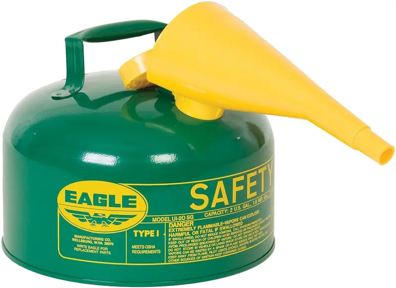 Eagle 2-Gallon Type I Green Safety Gas Can — Flame-Arrested, Self-Closing Lid, F-15 Funnel, Made in USA (UI20FSG)