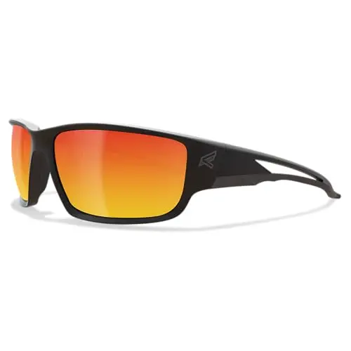 EDGE Kazbek Wrap-Around Safety Glasses – Anti-Scratch, UV400, ANSI/ISEA Certified (Black Frame, Aqua Precision Red Mirror Lens)