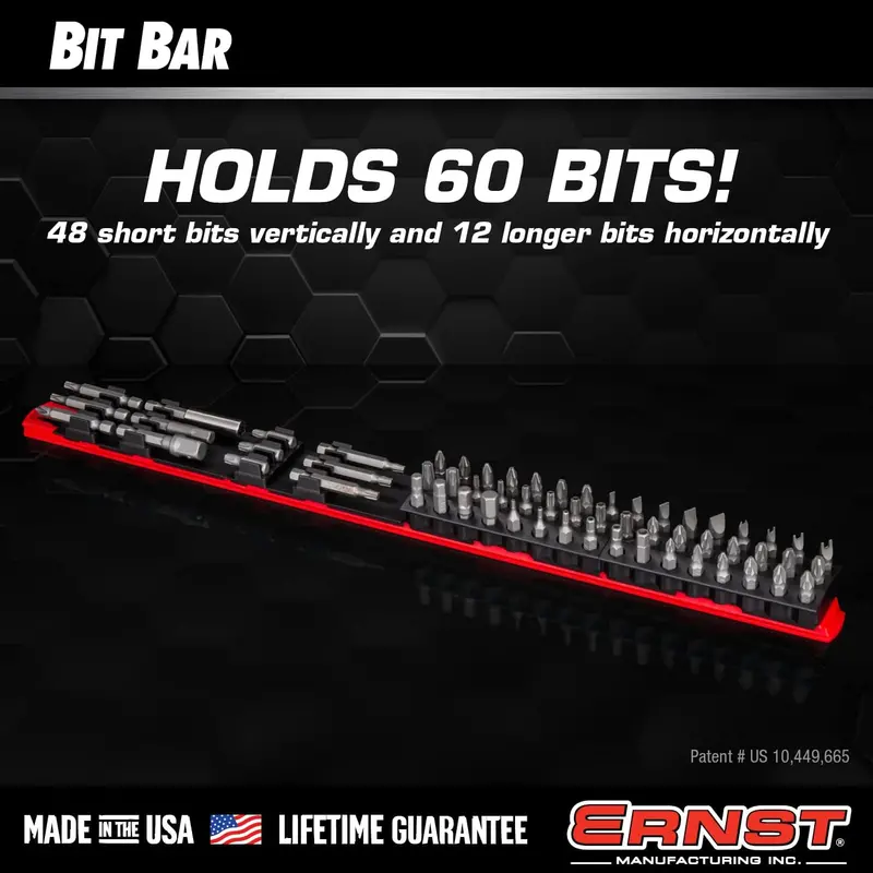 Ernst 60-Tool Magnetic Bit Bar – Dual-Color (Black/Hi-Viz) 1/4″ Hex Bit Organizer for Workshop Efficiency