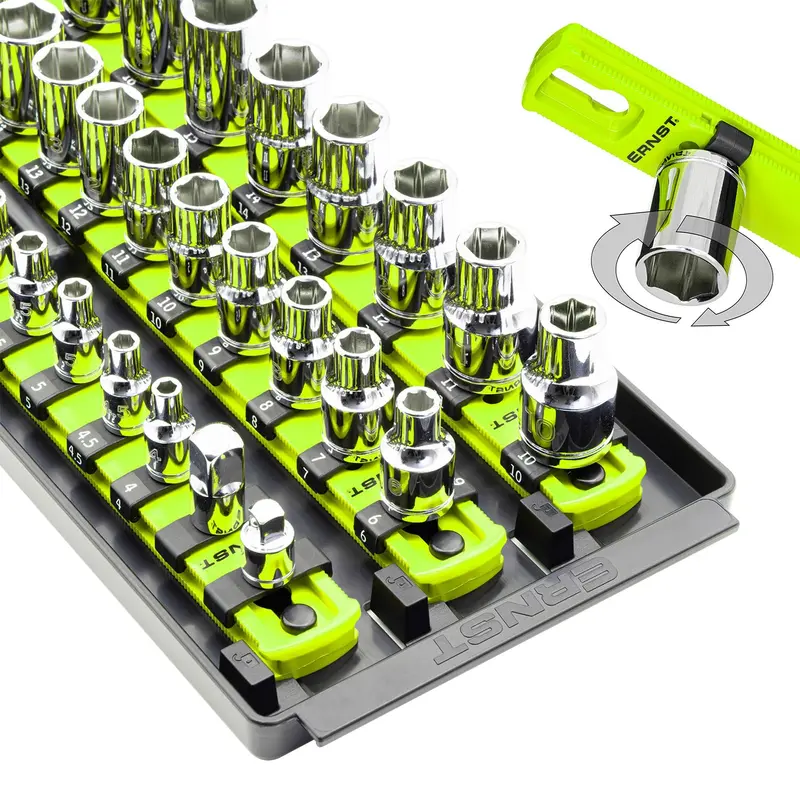 Ernst 8460HV Socket Boss High-Visibility 3-Rail Multi-Drive Organizer – 18-Inch Socket Storage Tray, Made in USA