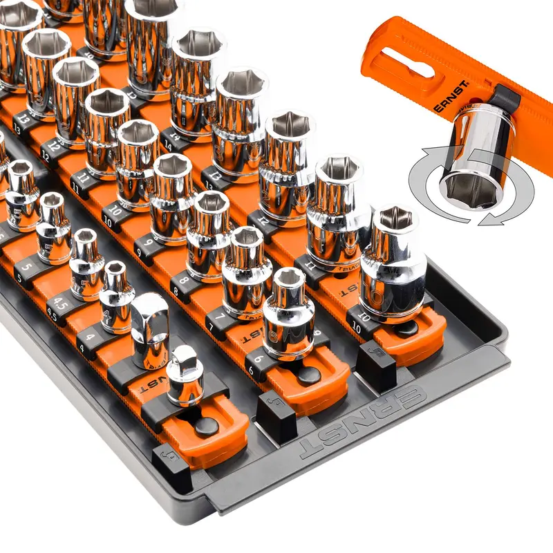 Ernst Manufacturing 8482 Socket Boss 3-Rail Organizer – 18-Inch Orange Multi-Drive Socket Storage System