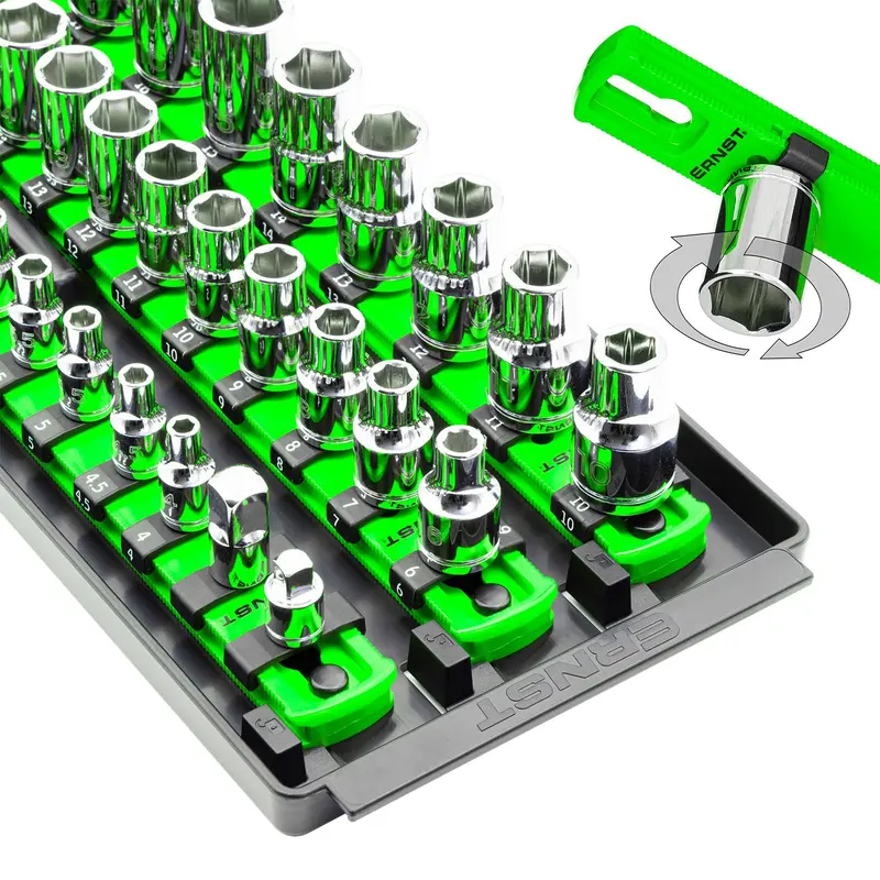 Ernst Socket Boss 3-Rail Holder – Twist-Lock Green Tray for SAE/Metric Socket Sets