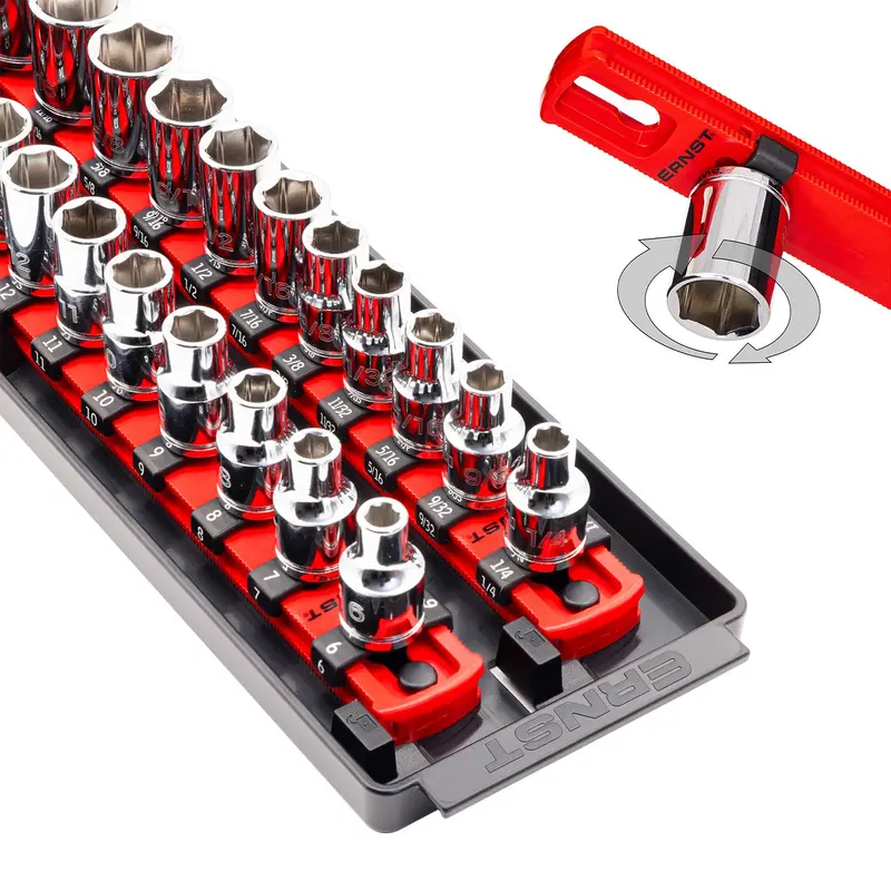 Ernst Socket BOSS HD System – Dual Red 13″ Rails + 28 Twist-Lock Clips, 3/8″ Drive