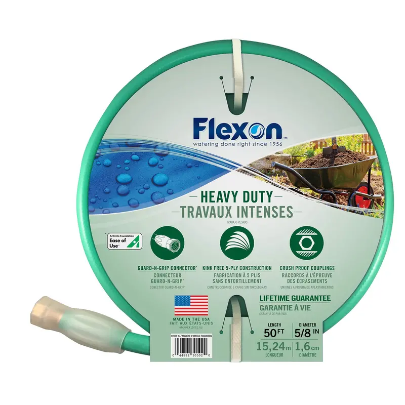 Flexon FXG5850 Heavy-Duty Garden Hose – 5/8″ x 50 ft, 5-Ply Reinforced Construction, Kink-Resistant Forever Flex Design