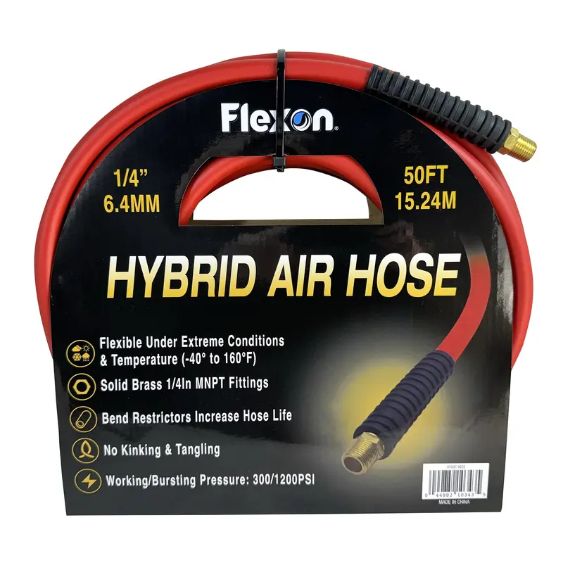 Flexon Hybrid Air Hose – 1/4″ x 50 ft, Kink-Resistant Polymer with Brass Fittings