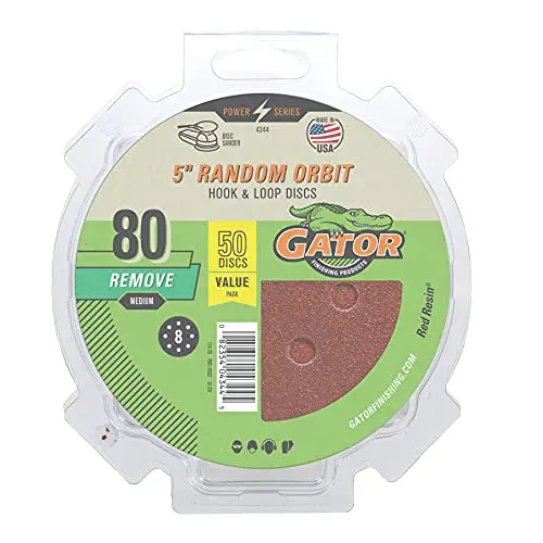 Gator 5-Inch Random Orbit Sanding Discs – Red Resin Aluminum Oxide, 8-Hole, 80 Grit (50-Pack)