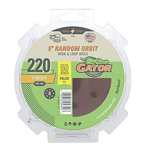 Gator 5″ Random Orbit Sanding Discs – Red Resin Aluminum Oxide, 8-Hole Hook & Loop, 220 Grit, 50-Pack