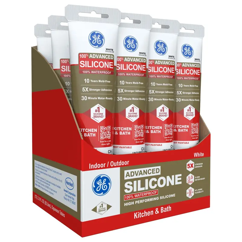GE Advanced Kitchen & Bath Silicone Caulk – White, 2.8 fl oz, Waterproof & Crack-Resistant (12-Pack)