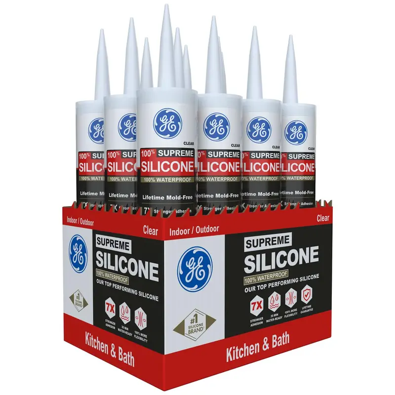 GE Supreme Kitchen & Bath Silicone Caulk – Clear, 10 fl oz Cartridge, 7X Stronger Adhesion, Shrink- and Crack-Resistant (12-Pack)