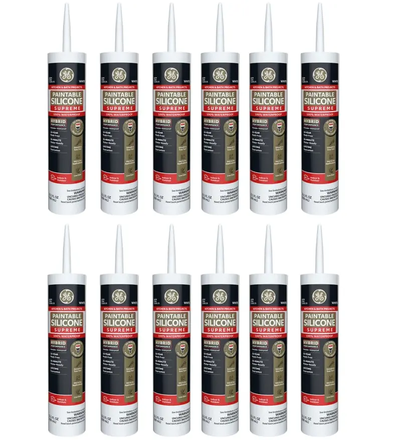 GE Supreme Paintable Silicone Caulk – White, 9.5 fl oz (12-Pack), Kitchen & Bath Grade