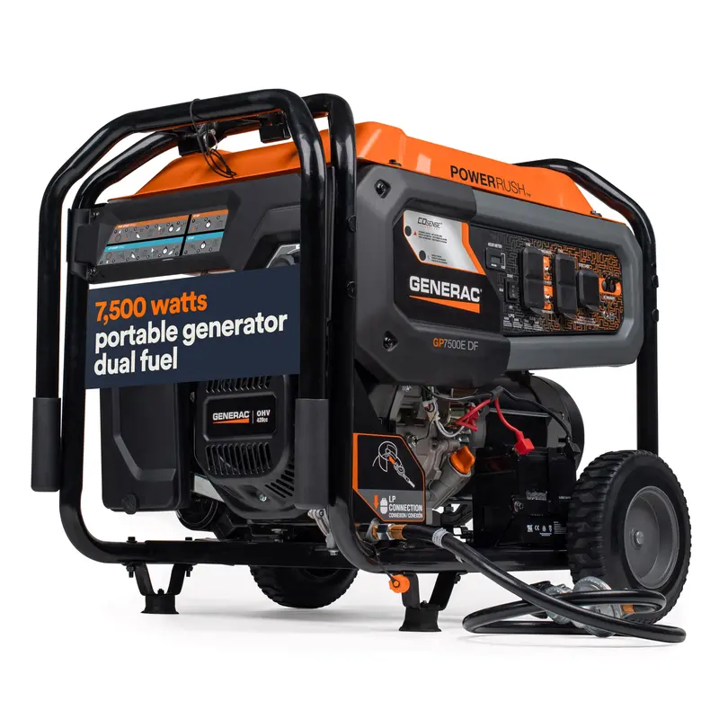 Generac 8011 GP7500E Dual-Fuel Portable Generator – 7,500-Watt Output, Gas/Propane, Electric Start, COsense Safety