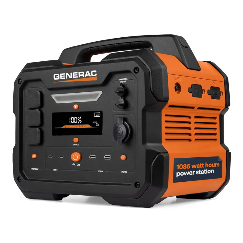 Generac GB1000 Portable Power Station – 1086Wh Lithium-Ion Battery, Wireless Charging, Compact Orange/Black Design