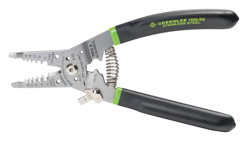 Greenlee 1956-SS Pro Stainless Wire Tool – Stripper, Cutter & Crimper for 6–14 AWG, Curved Jaw, 7.5″