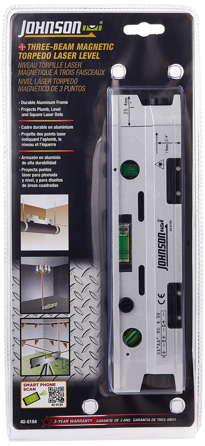 Johnson Magnetic Torpedo Laser Level with Dual-Power Display (Silver/Black)