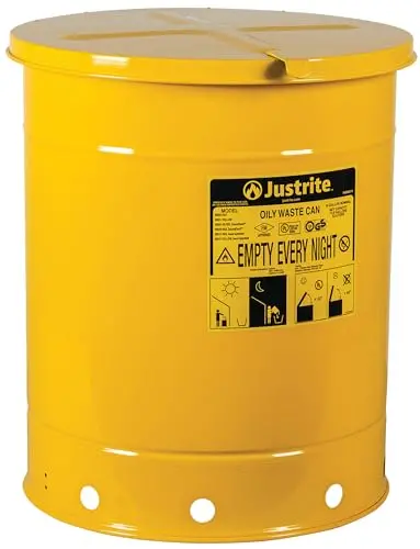 Justrite 09511 Oily Waste Can – 14-Gallon Galvanized Steel Safety Can with Self-Closing Lid, Yellow