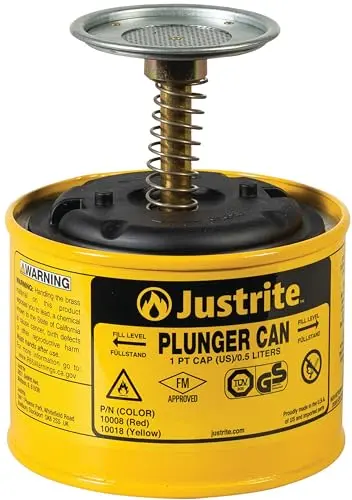 Justrite 1-Pint Plunger Solvent Can – Push-Down Steel Dispenser, Yellow, Made in USA (Model 10018)