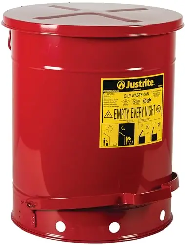Justrite 14-Gallon Oily Waste Can – Galvanized Steel, Foot-Operated Self-Closing Lid, Quiet Safety Design for Oil-Soaked Rags, Red, Made in USA (Model 09508)