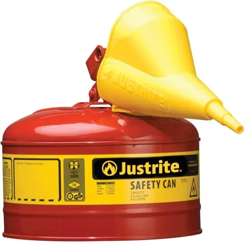 Justrite 2.5-Gallon Type I Red Safety Gas Can – Flame Arrester, Self-Closing Lid + Integrated Funnel, USA-Made Galvanized Steel