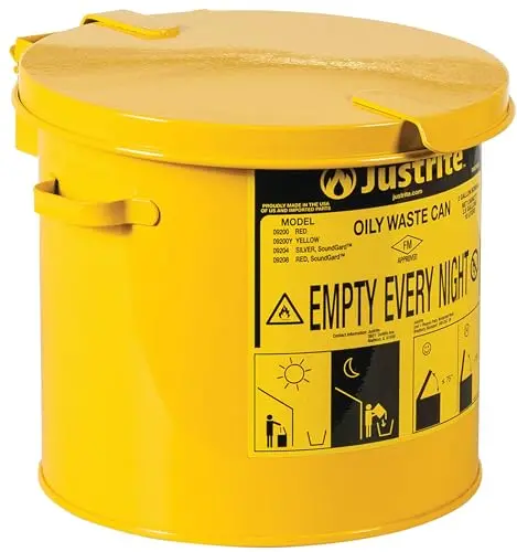 Justrite 2-Gallon Countertop Oily Waste Can – Hand-Operated Self-Closing Lid, Yellow Galvanized Steel, USA-Made