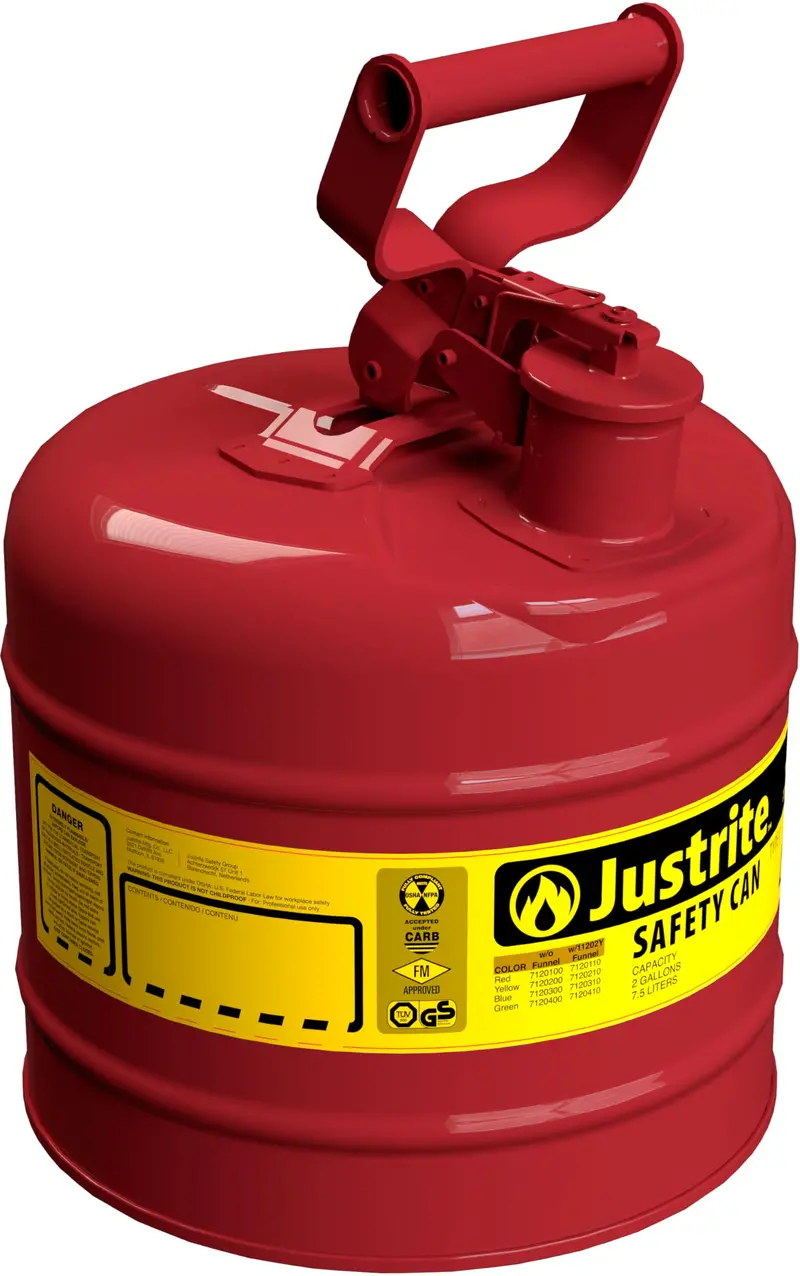 Justrite 2-Gallon Type I Red Gas Can for Gasoline — Flame Arrester & Self-Closing Lid, Galvanized Steel (7120100)