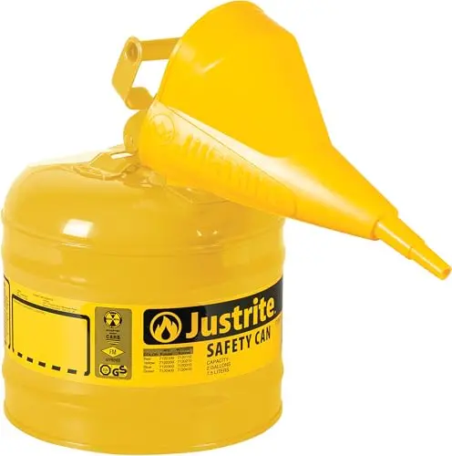 Justrite 2-Gallon Yellow Type I Diesel Safety Can – Flame-Arrested, Self-Closing Lid, Made in USA