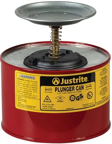 Justrite 2-Quart Steel Solvent Dispenser Can – Push-Down Plunger Design, Red, Made in USA