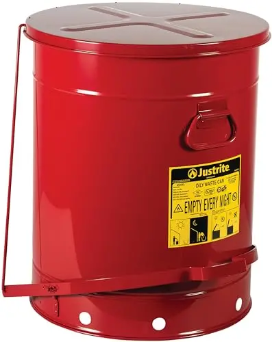 Justrite 21-Gallon Oily Waste Can – Galvanized Steel Safety Container with Quiet Foot-Operated Self-Closing Lid