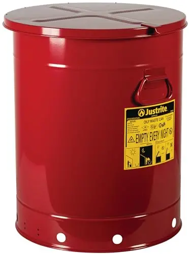 Justrite 21-Gallon Oily Waste Can – Large-Capacity Galvanized Steel Safety Can with Hand-Operated Lid, Red (Made in USA)